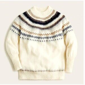 J.CREW Brand Fair Isle Yoke Puff-Sleeve Sweater Warm Ivory Navy